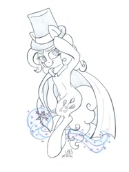 Size: 1024x1366 | Tagged: safe, artist:cyanyeh, character:pinkie pie, cape, clothing, female, hat, magic wand, magician, semi-anthro, simple background, solo, top hat, traditional art