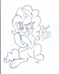 Size: 1024x1290 | Tagged: safe, artist:cyanyeh, character:pinkie pie, cellphone, female, flappy bird, gaming, monochrome, phone, sitting, solo, tongue out, traditional art, underhoof