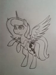 Size: 667x889 | Tagged: safe, artist:breadcipher, character:princess luna, species:pony, lunadoodle, bipedal, cute, female, filly, monochrome, pencil drawing, s1 luna, sketch, smiling, solo, spread wings, traditional art, wings, woona