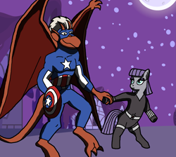 Size: 1901x1700 | Tagged: safe, artist:flyingbrickanimation, artist:thehappyspaceman, character:maud pie, black widow (marvel), brooklyn, captain america, collaboration, crossover, crossover shipping, female, gargoyles, halloween, male, maudlyn, nightmare night, shipping, straight, the avengers