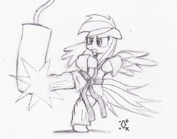 Size: 1490x1166 | Tagged: safe, artist:digiral, character:rainbow dash, species:pegasus, species:pony, bipedal, clothing, female, gi, kicking, mare, martial arts, monochrome, punching bag, robe, semi-anthro, signature, simple background, sketch, solo, taekwondo, trousers, white background