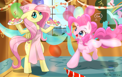 Size: 3000x1878 | Tagged: dead source, safe, artist:skykain, artist:xcopyen002, character:fluttershy, character:pinkie pie, species:pony, apron, balloon, bipedal, blushing, clothing, cupcake, duo, food, hat