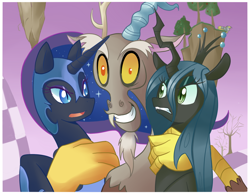Size: 1050x816 | Tagged: safe, artist:sallymon, character:derpy hooves, character:discord, character:nightmare moon, character:princess luna, character:queen chrysalis, species:changeling, species:pegasus, species:pony, changeling queen, female, mare