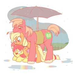 Size: 800x776 | Tagged: safe, artist:kelsea-chan, character:apple bloom, character:applejack, character:big mcintosh, species:earth pony, species:pony, apple family, apple siblings, female, filly, hatless, male, mare, missing accessory, pile, pony pile, rain, stallion, umbrella