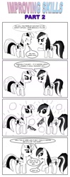 Size: 793x1997 | Tagged: safe, artist:bcrich40, character:rainbow dash, character:twilight sparkle, character:twilight sparkle (unicorn), species:pegasus, species:pony, species:unicorn, comic:improving skills, comic, dialogue, female, improving skills, mare, monochrome, simple background, suggestive series, white background