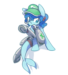 Size: 636x704 | Tagged: dead source, safe, artist:modern-warmare, species:pony, species:sea pony, amputee, augmented, biohacking, cyborg, female, hippocampus, kawashiro nitori, mare, merpony, mouth hold, ponified, prosthetic leg, prosthetic limb, prosthetics, simple background, solo, touhou, white background, wrench
