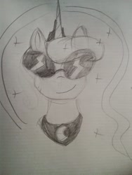 Size: 667x889 | Tagged: safe, artist:breadcipher, character:princess luna, lunadoodle, female, glasses, looking at you, monochrome, pencil drawing, photo, portrait, sketch, smiling, solo, sunglasses, traditional art