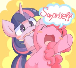 Size: 1102x998 | Tagged: safe, artist:nyankamedon, character:pinkie pie, character:twilight sparkle, species:pony, blush sticker, blushing, cute, dialogue, diapinkes, duo, one word, open mouth, pixiv, speech bubble, twiabetes