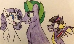 Size: 1148x686 | Tagged: safe, artist:pimpartist101, character:rarity, character:spike, character:twilight sparkle, species:dragon, ship:sparity, dragonified, female, male, ponified spike, shipping, species swap, straight, traditional art, twilidragon