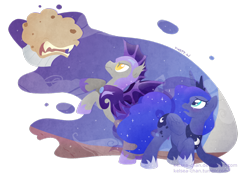 Size: 1280x915 | Tagged: safe, artist:kelsea-chan, character:princess luna, species:alicorn, species:bat pony, species:pony, abstract background, female, male, mare, muffin, night guard, rearing, royal guard, stallion