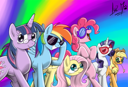 Size: 850x578 | Tagged: safe, artist:chocolatechilla, character:applejack, character:fluttershy, character:pinkie pie, character:rainbow dash, character:rarity, character:twilight sparkle, glasses, sunglasses
