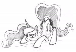 Size: 3015x2049 | Tagged: safe, artist:uminanimu, character:princess luna, lunadoodle, both cutie marks, female, grayscale, monochrome, solo, traditional art