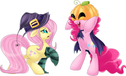 Size: 1150x691 | Tagged: safe, artist:blackfreya, character:fluttershy, character:pinkie pie, clothing, hat, nightmare night, pumpkin, simple background, socks, striped socks, transparent background, witch hat