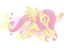 Size: 839x553 | Tagged: safe, artist:kelsea-chan, character:fluttershy, species:pegasus, species:pony, abstract background, butterfly, female, flying, mare, solo