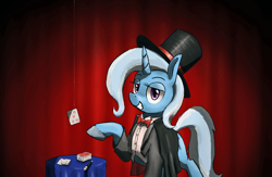 Size: 1004x654 | Tagged: safe, artist:paper-pony, character:trixie, species:pony, species:unicorn, card, card trick, clothing, female, hat, magic trick, magician, mare, raised hoof, solo, stage, string, top hat, tuxedo, wand