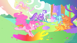 Size: 1280x723 | Tagged: safe, artist:kelsea-chan, character:applejack, character:fluttershy, character:pinkie pie, character:rainbow dash, character:rarity, character:spike, character:twilight sparkle, species:dragon, species:earth pony, species:pegasus, species:pony, species:unicorn, episode:rainbow falls, g4, my little pony: friendship is magic, color porn, eyestrain warning, female, male, mane seven, mane six, mare, psychedelic, scenery, tree, waterfall