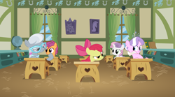 Size: 5000x2773 | Tagged: safe, artist:sulyo, character:apple bloom, character:diamond tiara, character:scootaloo, character:silver spoon, character:sweetie belle, species:pegasus, species:pony, classroom, cutie mark crusaders, glasses, ponyville schoolhouse