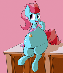 Size: 934x1080 | Tagged: safe, artist:jailbait, character:cup cake, species:pony, apron, belly, belly button, big belly, clothing, counter, cupcake, fat, female, food, sitting, solo, squishy