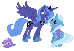 Size: 1300x900 | Tagged: safe, artist:adcoon, character:princess luna, character:trixie, species:alicorn, species:pony, species:unicorn, g4, cape, clothing, duo, female, hat, hoof shoes, inkscape, looking at each other, mare, s1 luna, simple background, transparent background, trixie's cape, trixie's hat, vector