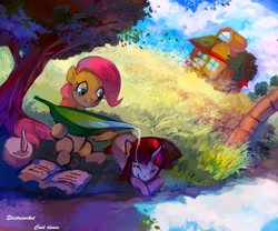 Size: 1200x1000 | Tagged: safe, artist:electrixocket, character:fluttershy, character:twilight sparkle, shade, tree, water