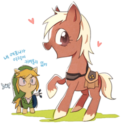 Size: 500x500 | Tagged: safe, artist:raichi, species:earth pony, species:pony, epona, female, hilarious in hindsight, korean, link, mare, navi, ponified, raised hoof, the legend of zelda, translated in the comments