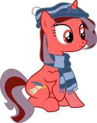 Size: 2370x3000 | Tagged: safe, artist:ruinedomega, oc, oc only, oc:ademitia, species:pony, species:unicorn, ponyscape, bow, clothing, hat, scarf, simple background, sitting, transparent background, vector