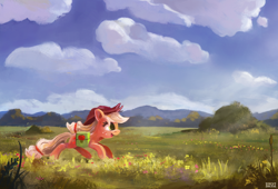 Size: 2000x1359 | Tagged: safe, artist:ajvl, character:applejack, species:earth pony, species:pony, female, field, mare, running, saddle bag, scenery, smiling, solo