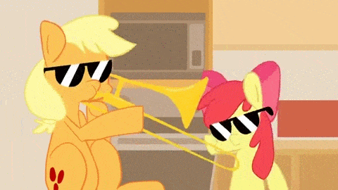 Size: 480x270 | Tagged: safe, artist:gmrqor, character:apple bloom, character:applejack, animated, dancing, female, hatless, meme, missing accessory, sunglasses, trombone, vine video, when granny smith ain't home, when mama isn't home, youtube link