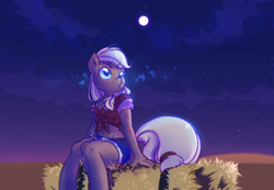 Size: 1164x806 | Tagged: safe, artist:kelsea-chan, character:applejack, species:anthro, belly button, clothing, daisy dukes, female, front knot midriff, hay bale, midriff, moon, shirt, solo, whistling
