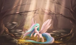 Size: 2000x1200 | Tagged: safe, artist:ajvl, character:princess celestia, species:alicorn, species:pony, boulder, crepuscular rays, dead tree, female, forest, looking up, mare, missing accessory, rearing, scenery, solo, spread wings, tree, wings