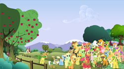 Size: 4084x2291 | Tagged: safe, artist:90sigma, artist:abydos91, artist:atmospark, artist:daringdashie, artist:mandydax, artist:rainbowplasma, character:apple bloom, character:apple bumpkin, character:apple cider, character:apple cobbler, character:apple fritter, character:apple honey, character:apple munchies, character:apple strudel, character:apple strudely, character:applejack, character:aunt orange, character:big mcintosh, character:braeburn, character:caramel apple, character:gala appleby, character:ginger gold, character:golden delicious, character:granny smith, character:jonagold, character:lavender fritter, character:peachy sweet, character:perfect pie, character:pink lady, character:red delicious, character:red gala, character:uncle orange, character:winona, species:earth pony, species:pony, apple family, apple family member, apple tree, background pony, buttercream, clothing, collaboration, female, filly, hat, male, mare, orange wafer, pacific rose, saddle bag, stallion, svg, the oranges, tree, vector, wallpaper