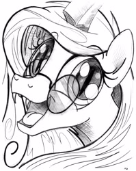 Size: 2608x3275 | Tagged: safe, artist:uminanimu, character:queen chrysalis, cute, cutealis, fangs, female, glasses, happy, looking at you, monochrome, open mouth, portrait, reversalis, smiling, solo