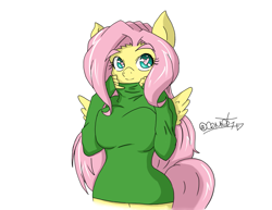 Size: 1017x786 | Tagged: safe, artist:comet0ne, artist:teacozy1, character:fluttershy, species:anthro, species:pegasus, g4, bottomless, breasts, busty fluttershy, clothing, cute, female, heart, heart eyes, looking at you, mare, shyabetes, signature, simple background, smiling, solo, spread wings, sweatershy, white background, wingding eyes, wings