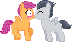 Size: 2540x1483 | Tagged: safe, artist:ludiculouspegasus, character:rumble, character:scootaloo, species:pegasus, species:pony, ship:rumbloo, blushing, boop, colt, female, filly, male, noseboop, nuzzling, shipping, simple background, straight, transparent background