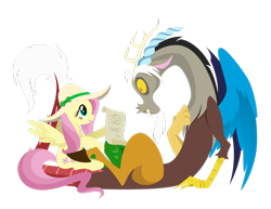 Size: 1280x989 | Tagged: safe, artist:hexfloog, character:discord, character:fluttershy, clothing, hat