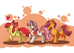 Size: 1069x768 | Tagged: safe, artist:tikrs007, character:apple bloom, character:scootaloo, character:sweetie belle, species:pegasus, species:pony, cutie mark crusaders, maple leaf, running of the leaves