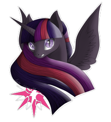 Size: 2000x2200 | Tagged: safe, artist:dreamyartcosplay, character:nightmare twilight sparkle, character:twilight sparkle, character:twilight sparkle (alicorn), species:alicorn, species:pony, ask nightmare mane 6, ask nightmare six, bust, corrupted, corrupted twilight sparkle, female, mare, nightmarified, simple background, slit eyes, solo, transparent background