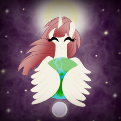 Size: 2048x2048 | Tagged: safe, artist:bratzoid, oc, oc only, oc:fausticorn, cute, equestria, eyes closed, faustabetes, glowing horn, goddess, hug, moon, planet, pony bigger than a planet, smiling, solo, sun, tangible heavenly object, winghug