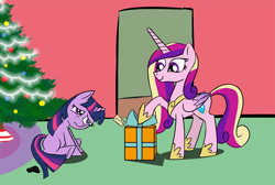 Size: 1200x805 | Tagged: safe, artist:icesticker, character:princess cadance, character:twilight sparkle, newbie artist training grounds, coal, filly, hearth's warming, present, sad