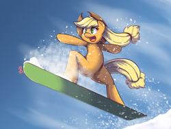 Size: 1024x768 | Tagged: safe, artist:tikrs007, character:applejack, species:pony, action pose, anatomically incorrect, bipedal, female, incorrect leg anatomy, snow, snowboard, solo