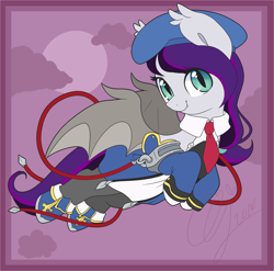 Size: 1280x1266 | Tagged: dead source, safe, artist:inkie-heart, oc, oc only, oc:sweet hum, species:bat pony, species:pony, blazblue, clothing, costume, crossover, flying, moon, night, noel vermillion, solo