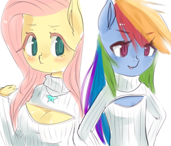 Size: 1280x1095 | Tagged: safe, artist:marinakirby, character:fluttershy, character:rainbow dash, species:anthro, blushing, breasts, busty fluttershy, clothing, delicious flat chest, female, keyhole turtleneck, open-chest sweater, rainbow flat, sweater, sweatershy, turtleneck
