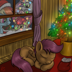 Size: 1500x1500 | Tagged: safe, artist:redesine, character:apple bloom, character:rainbow dash, character:scootaloo, character:sweetie belle, species:pegasus, species:pony, christmas, cutie mark crusaders, present, sleeping, tree