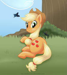 Size: 915x1020 | Tagged: safe, artist:hollowzero, character:applejack, species:earth pony, species:pony, bush, butt, butterfly, female, grass, looking at you, looking back, looking back at you, mare, plot, prone, smiling, tree