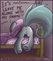 Size: 848x965 | Tagged: safe, artist:az-pekt, oc, oc only, oc:grey mouse, species:bat pony, species:pony, anus, ask grey mouse, bed, covering, covering face, cowering, dialogue, dock, embarrassed, female, hiding, mare, nudity, plot, pubic fluff, raised tail, simplistic anus, sobbing, solo, tail, text, underhoof, wat