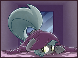 Size: 1280x960 | Tagged: safe, artist:az-pekt, oc, oc only, oc:grey mouse, species:bat pony, species:pony, ass up, bat pony oc, bed, blanket, cute, face down ass up, female, hiding, looking at you, mare, pillow, solo, underhoof