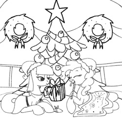 Size: 1024x1024 | Tagged: safe, artist:bratzoid, character:maud pie, character:pinkie pie, newbie artist training grounds, episode:hearth's warming eve, g4, my little pony: friendship is magic, candy cane, christmas tree, clothing, hat, monochrome, mouth hold, santa hat, tree
