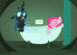 Size: 7920x5707 | Tagged: safe, artist:drewdini, character:pinkie pie, character:queen chrysalis, absurd resolution, bath, bathtub, bubble bath, claw foot bathtub, relaxing, screaming, shower curtain, soap, wet mane