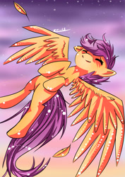 Size: 2893x4092 | Tagged: safe, artist:scootaloocuteness, character:scootaloo, species:pegasus, species:pony, cute, cutealoo, feather, flying, grin, scootaloo can fly, smiling