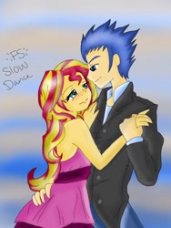 Size: 768x1024 | Tagged: safe, alternate version, artist:brickercupmasterx3, character:flash sentry, character:sunset shimmer, species:human, ship:flashimmer, my little pony:equestria girls, bare shoulders, blushing, clothing, cute, dancing, dress, female, looking at each other, male, shipping, slow dancing, straight